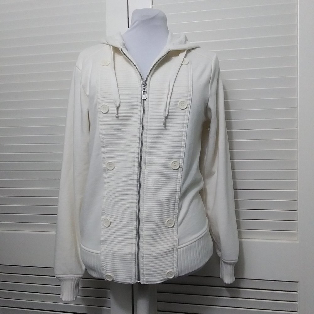 Guess Cream Full Zip Hoodie‎ Button Ribbed Detail